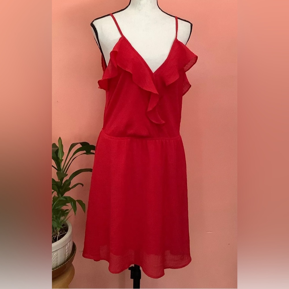 Fraiche by J Lined Dress Womens Size L Red Sleeveless V-Neck Elastic Waist USA
